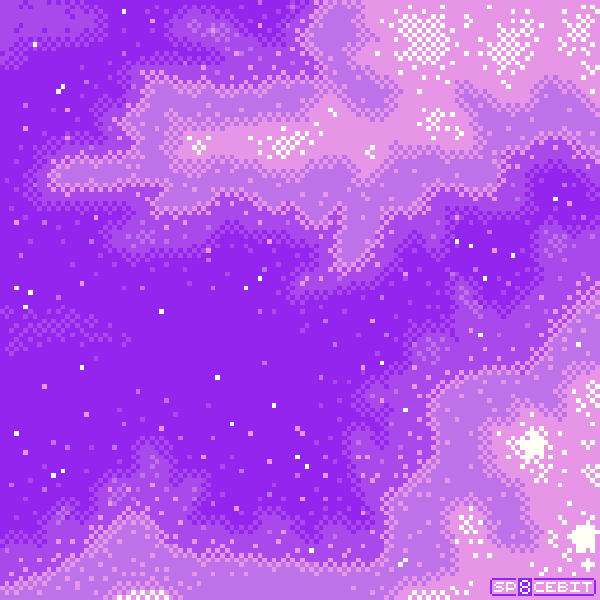 A whimsical, 8bit rendering of a pastel pink and purple spacescape with pink and white pixel stars
