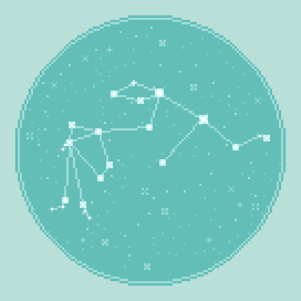 An 8bit, pixel art rendering of the zodiac constellation Aquarius against an aqua, seafoam starfield.