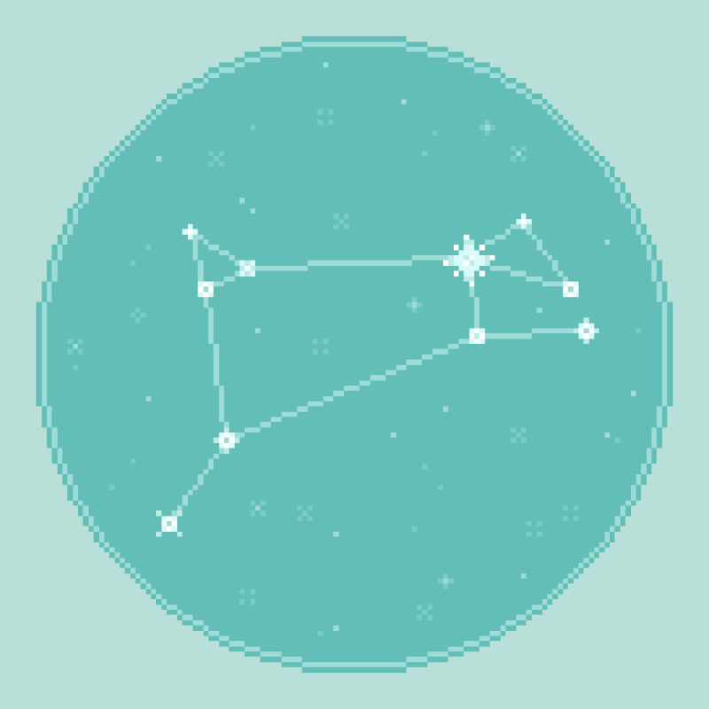 An 8bit, pixel art rendering of the zodiac constellation Aries against an aqua, seafoam starfield.