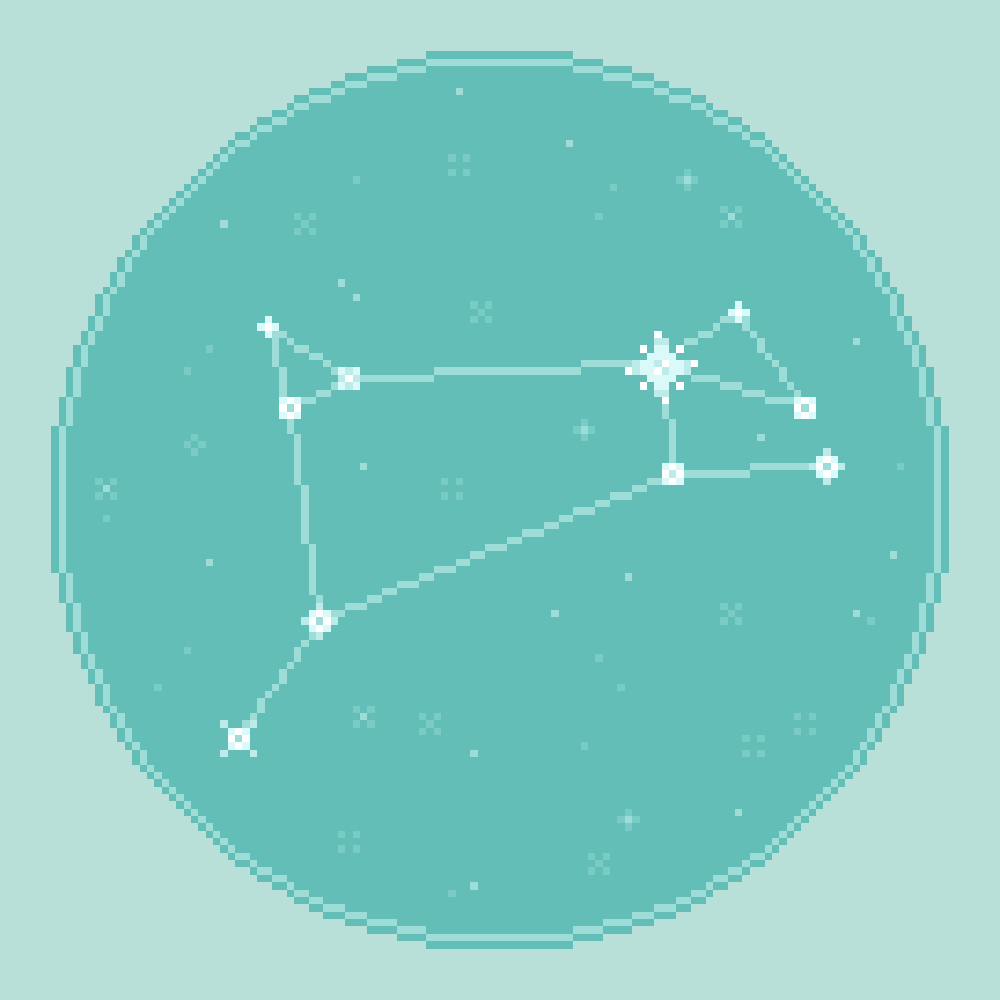 An 8bit, pixel art rendering of the zodiac constellation Aries against an aqua, seafoam starfield.