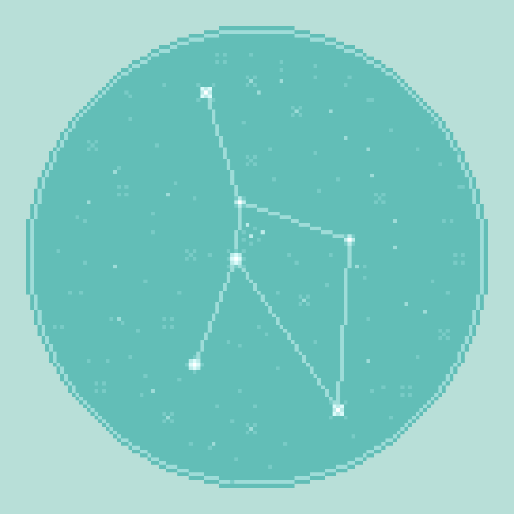 An 8bit, pixel art rendering of the zodiac constellation Cancer against an aqua, seafoam starfield.