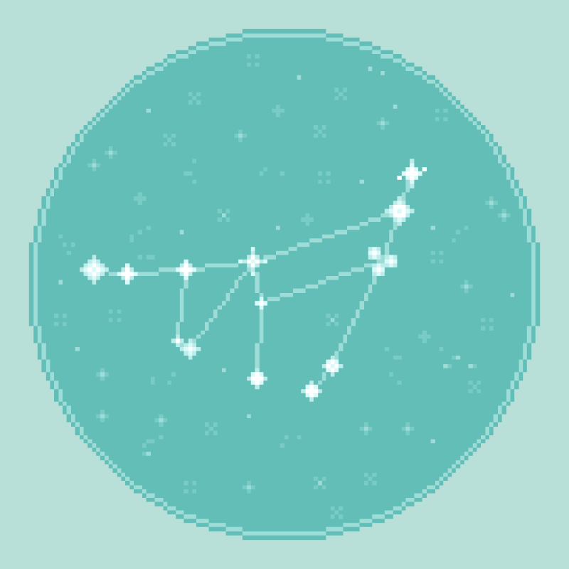 An 8bit, pixel art rendering of the zodiac constellation Capricorn against an aqua, seafoam starfield.