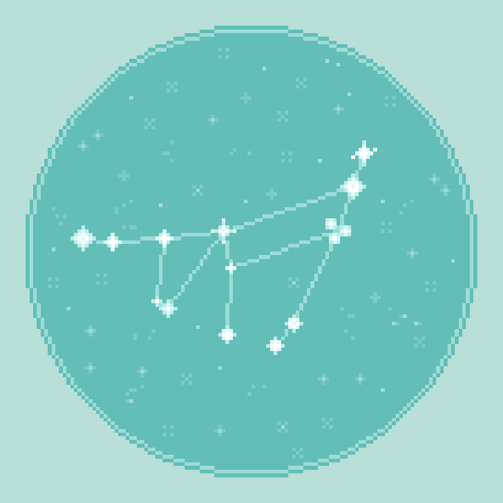 An 8bit, pixel art rendering of the zodiac constellation Capricorn against an aqua, seafoam starfield.