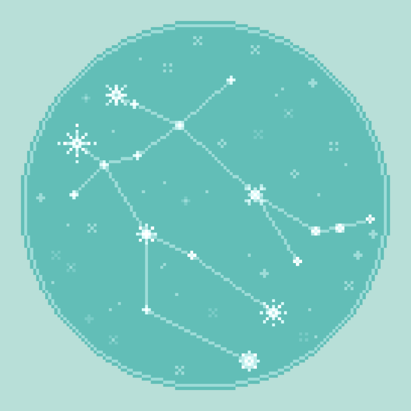An 8bit, pixel art rendering of the zodiac constellation Gemini against an aqua, seafoam starfield.