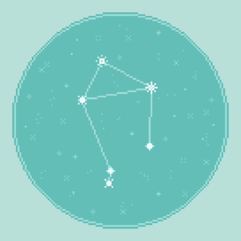 An 8bit, pixel art rendering of the zodiac constellation Libra against an aqua, seafoam starfield.