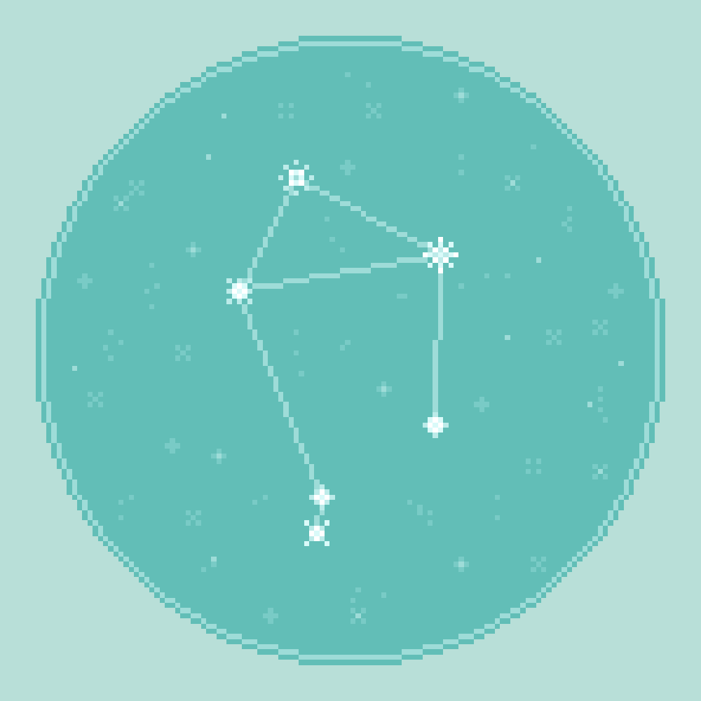 An 8bit, pixel art rendering of the zodiac constellation Libra against an aqua, seafoam starfield.