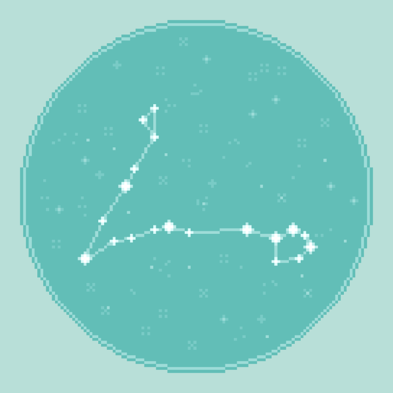 An 8bit, pixel art rendering of the zodiac constellation Pisces against an aqua, seafoam starfield.