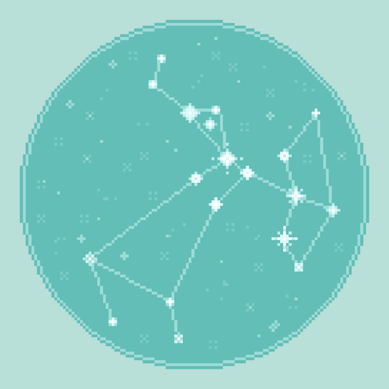 An 8bit, pixel art rendering of the zodiac constellation Sagittarius against an aqua, seafoam starfield.