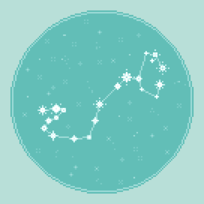 An 8bit, pixel art rendering of the zodiac constellation Scorpio against an aqua, seafoam starfield.