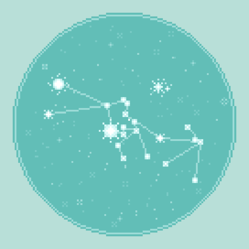An 8bit, pixel art rendering of the zodiac constellation Taurus against an aqua, seafoam starfield.