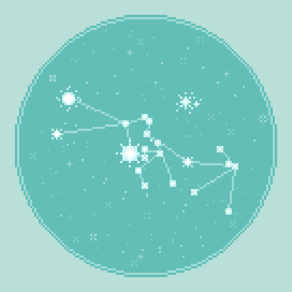 An 8bit, pixel art rendering of the zodiac constellation Taurus against an aqua, seafoam starfield.