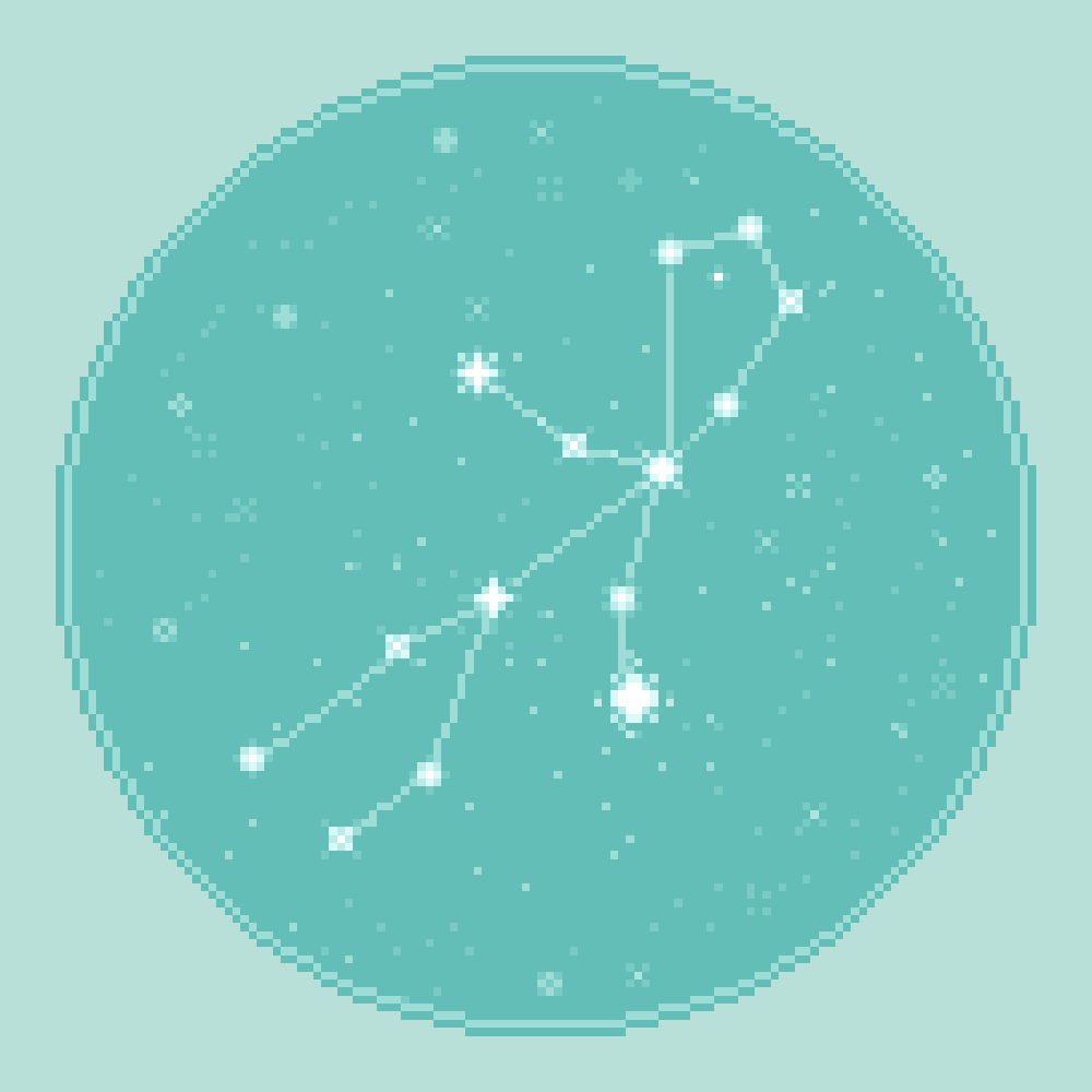 An 8bit, pixel art rendering of the zodiac constellation Virgo against an aqua, seafoam starfield.